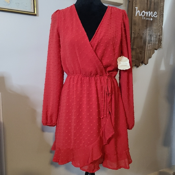 Altar'd State Dresses & Skirts - NWT Altar'd State Faux Wrap V Neck Flowy Dots Red Dress Ruffles Womens Medium